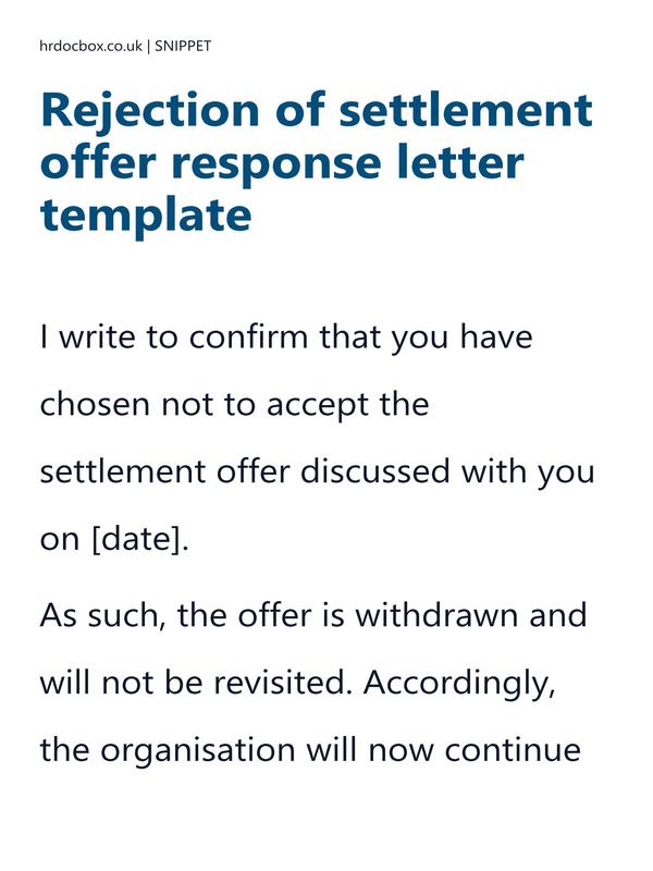 Preview snippet of rejection of settlement offer response letter template content