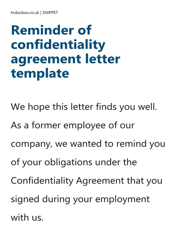 Preview snippet of Reminder of confidentiality agreement letter template content