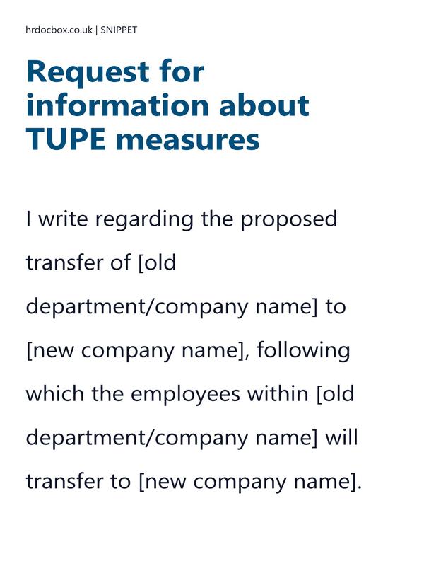 Preview snippet of Request for information about TUPE measures letter template content