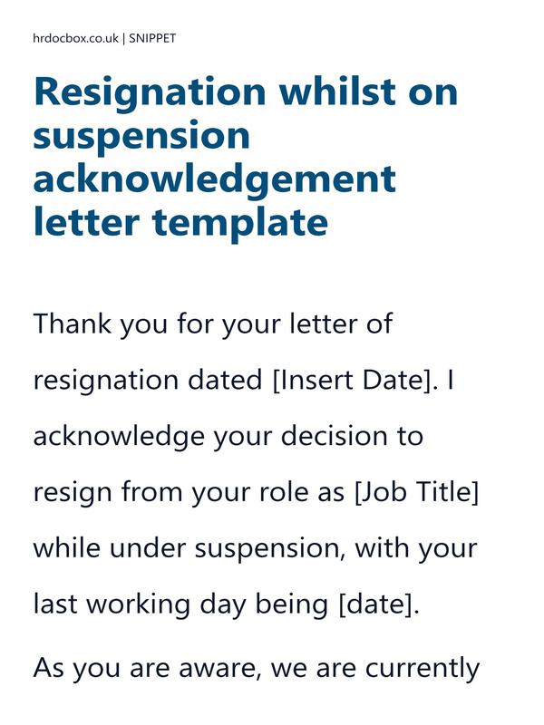 Preview snippet of resignation whilst on suspension acknowledgement letter template content