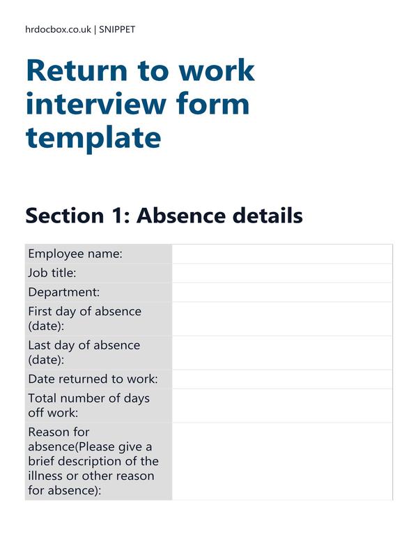 Preview snippet of return to work interview form template content