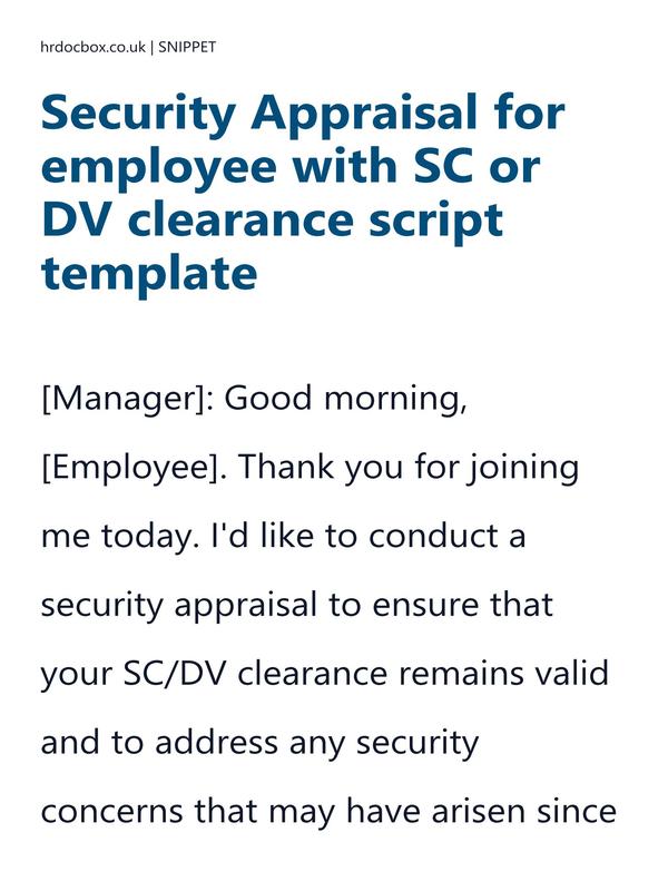 Preview snippet of security appraisal for employee with sc or dv clearance script template content