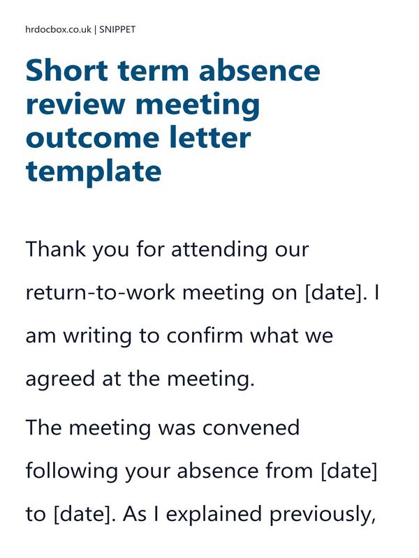 Preview snippet of short term absence review meeting outcome letter template content