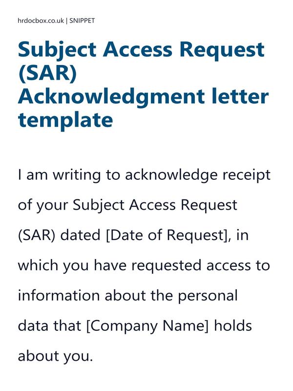 Preview snippet of subject access request (sar) acknowledgment letter template content