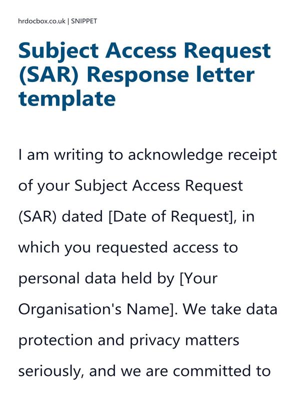Preview snippet of subject access request (sar) response letter template content