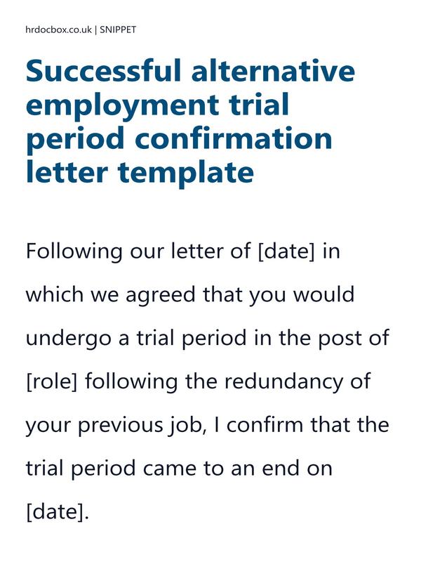 Preview snippet of Successful alternative employment trial period confirmation letter template content