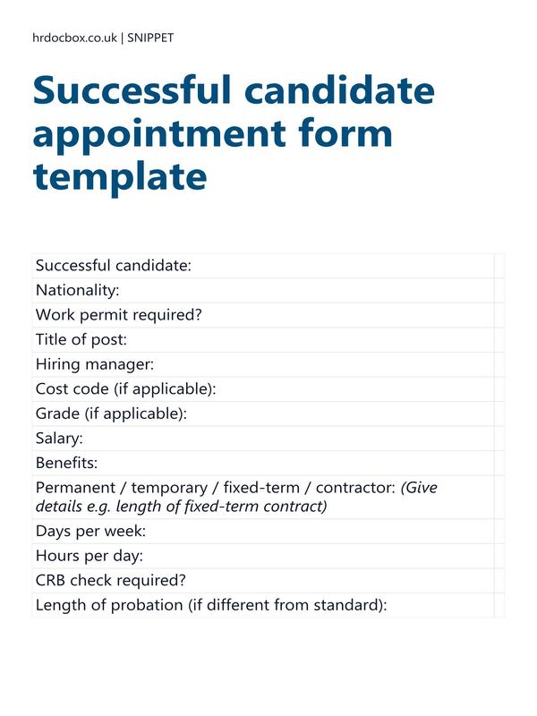 Preview snippet of Successful candidate appointment form template content