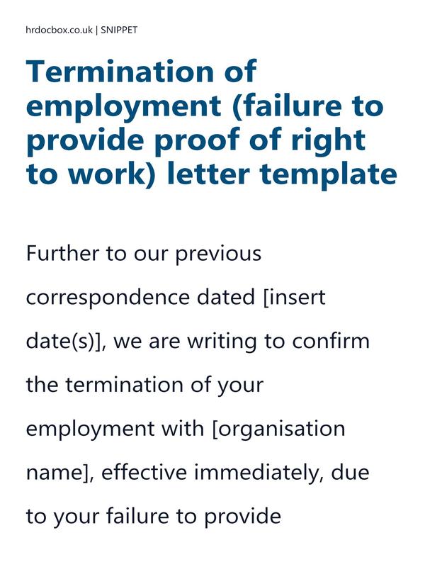 Preview snippet of termination of employment (failure to provide proof of right to work) letter template content