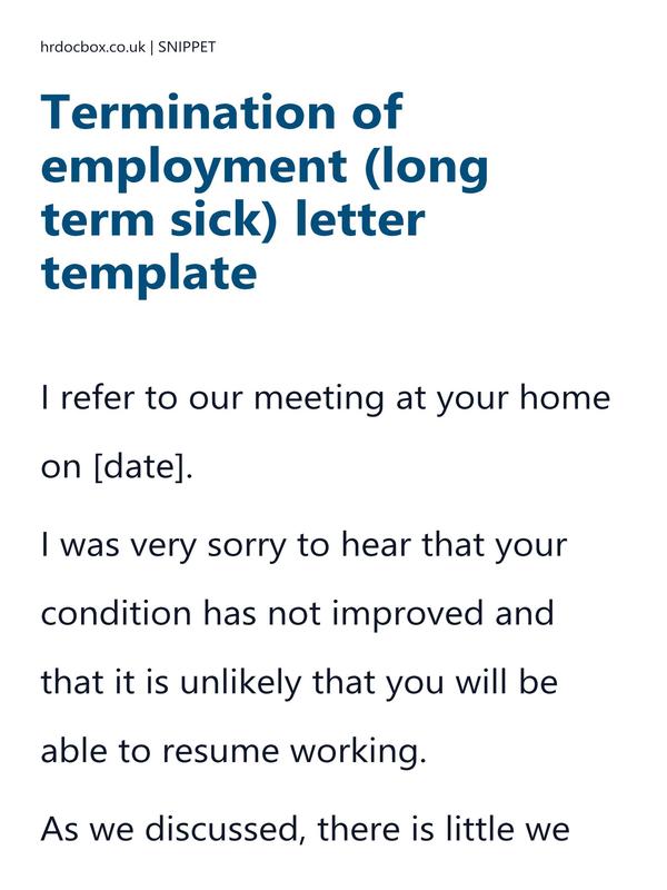 Preview snippet of termination of employment (long term sick) letter template content