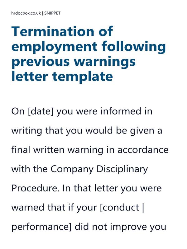 Preview snippet of Termination of employment following previous warnings letter template content