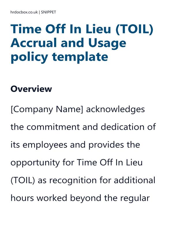 Preview snippet of time off in lieu (toil) accrual and usage policy template content