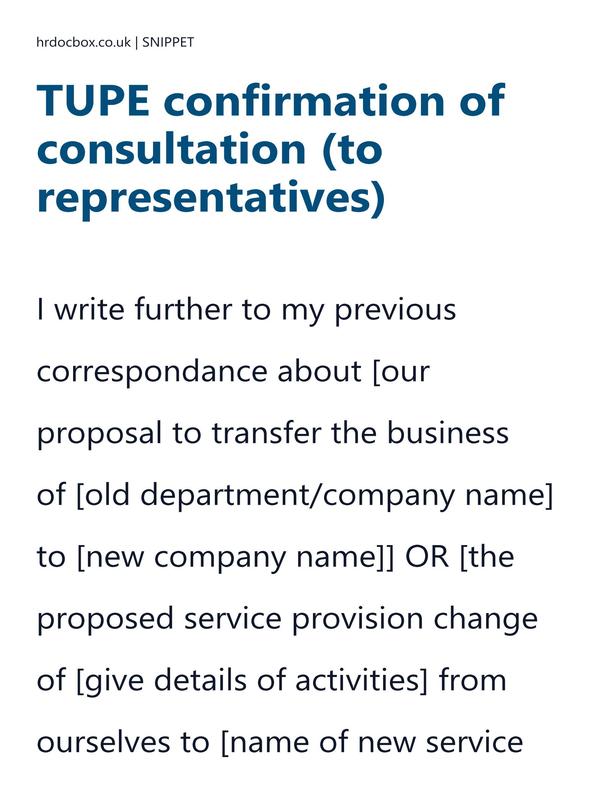 Preview snippet of TUPE confirmation of consultation (to representatives) letter template content