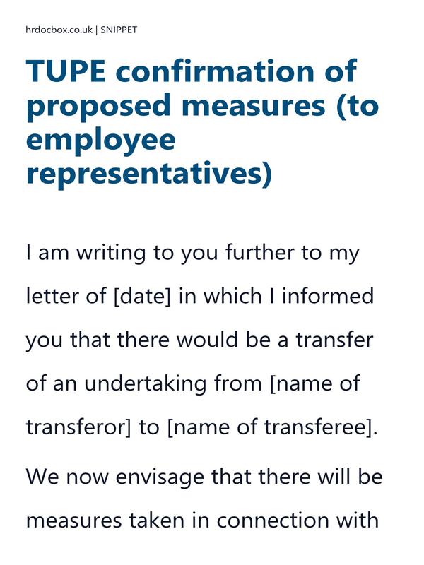 Preview snippet of TUPE confirmation of proposed measures (to employee representatives) letter template content