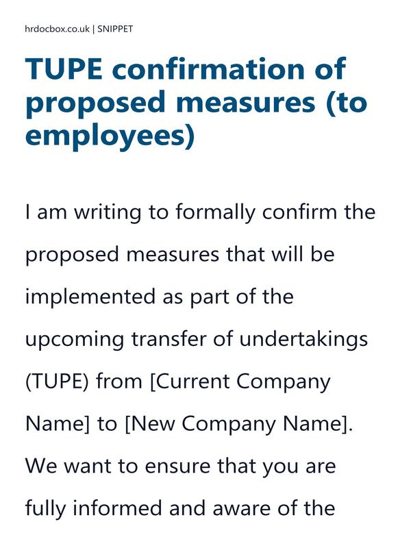 Preview snippet of TUPE confirmation of proposed measures (to employees) letter template content