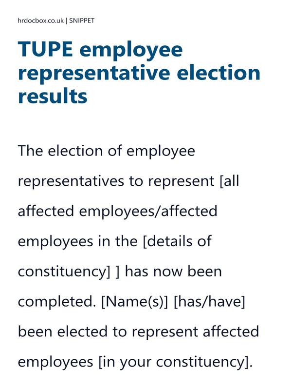 Preview snippet of TUPE employee representative election results letter template content