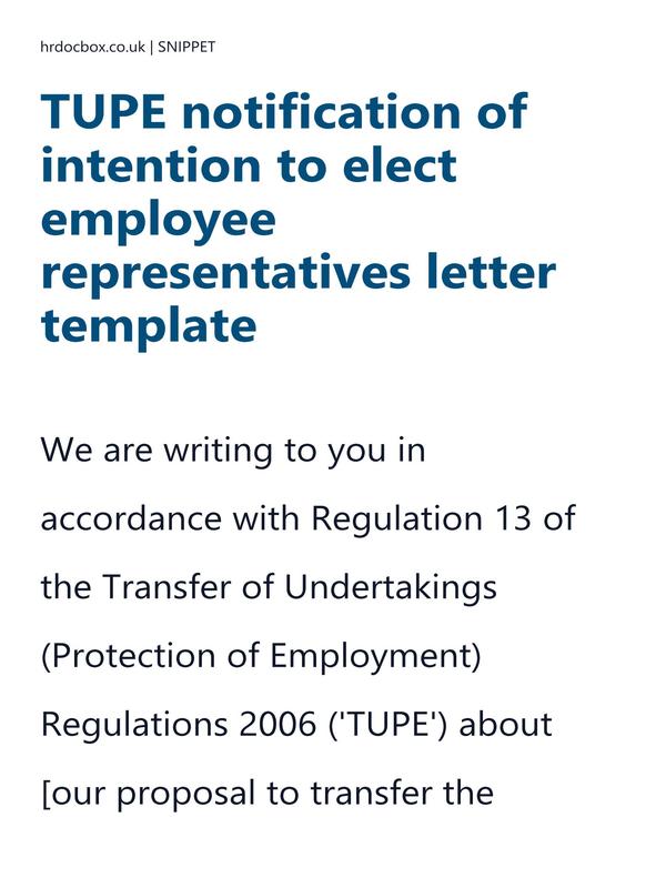Preview snippet of TUPE notification of intention to elect employee representatives letter template content