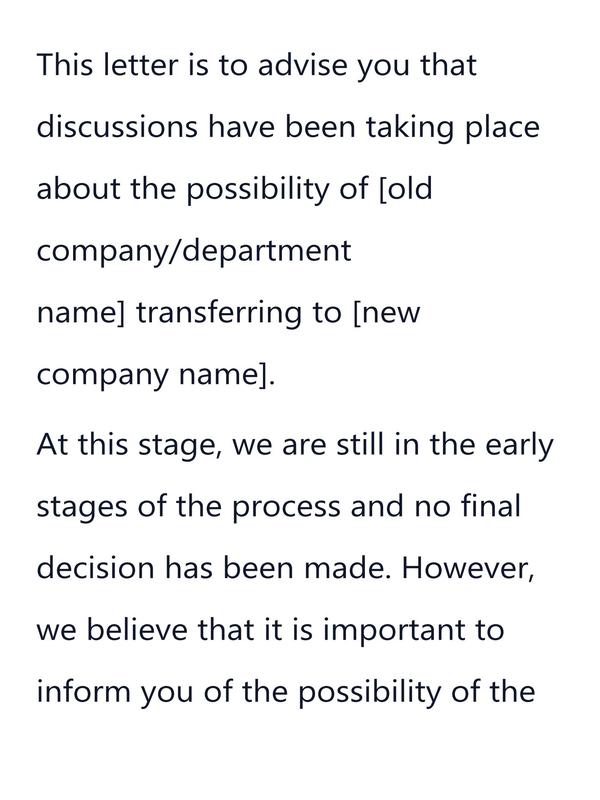 Preview snippet of TUPE notification of the possibility of transfer letter template content