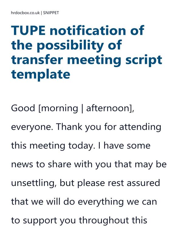 Preview snippet of TUPE notification of the possibility of transfer meeting script template content