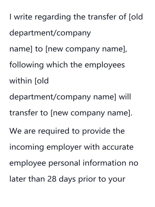 Preview snippet of TUPE request to check personal information letter template content