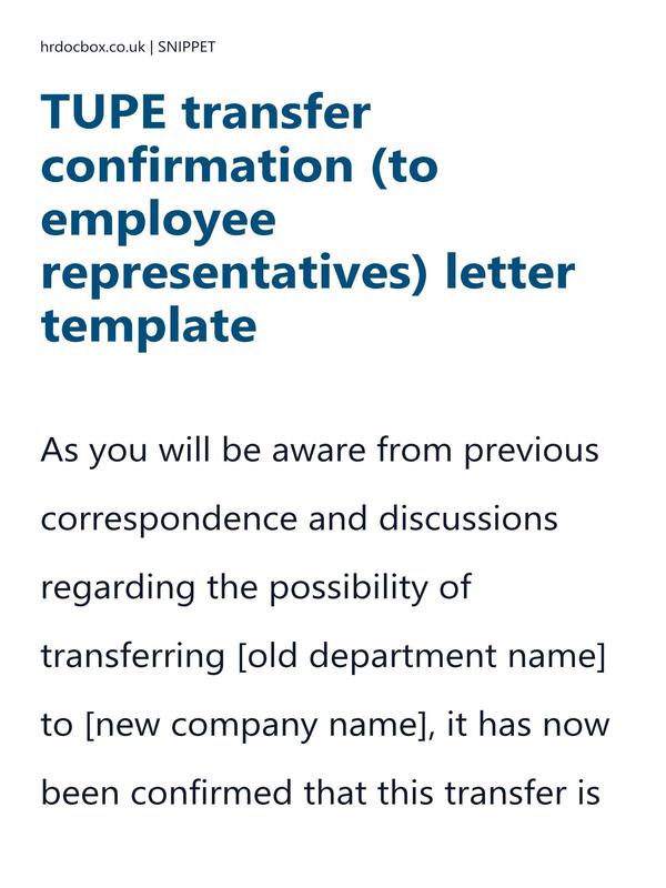 Preview snippet of TUPE transfer confirmation (to employee representatives) letter template content