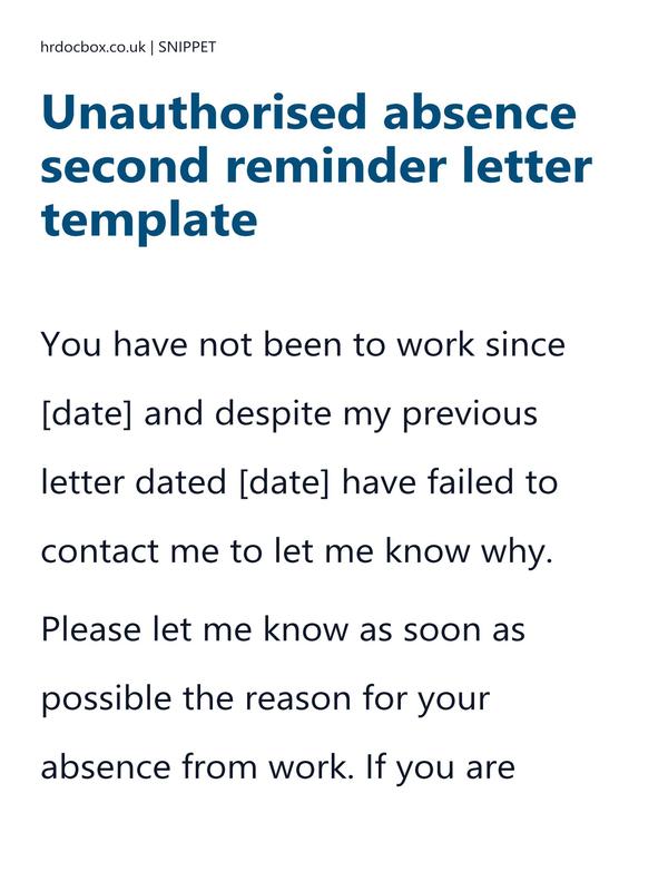 Preview snippet of unauthorised absence second reminder letter template content