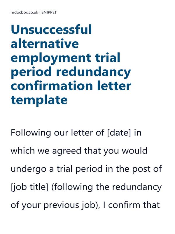 Preview snippet of Unsuccessful alternative employment trial period redundancy confirmation letter template content