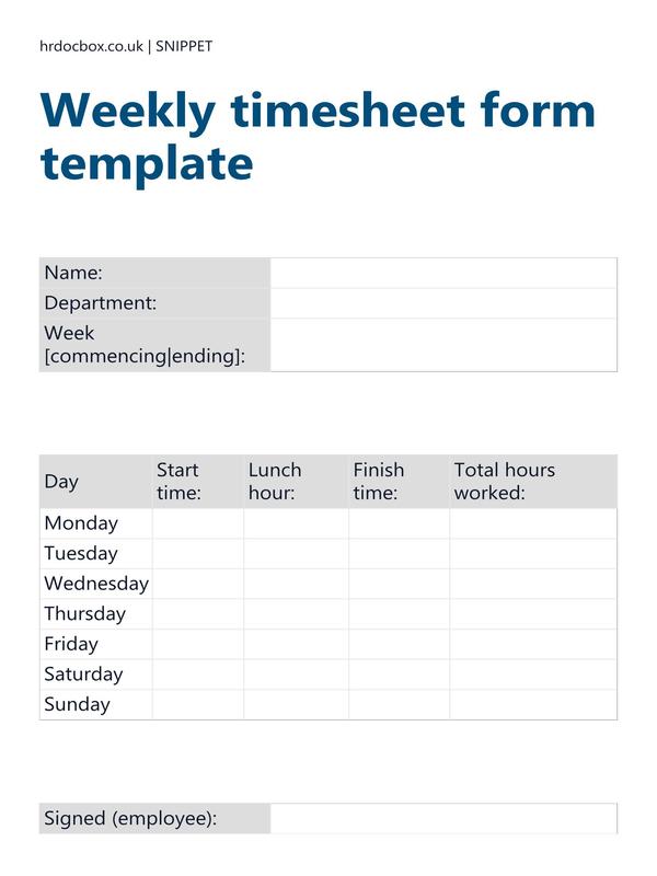 Preview snippet of weekly timesheet form template content